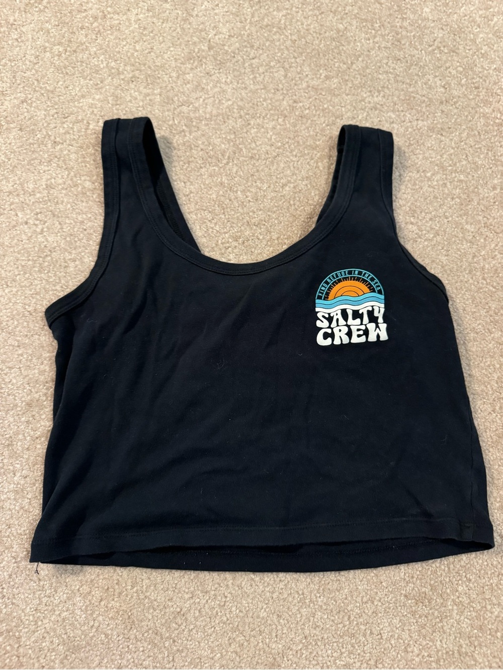 Salty Crew Black Cropped Tank with Sunset Logo